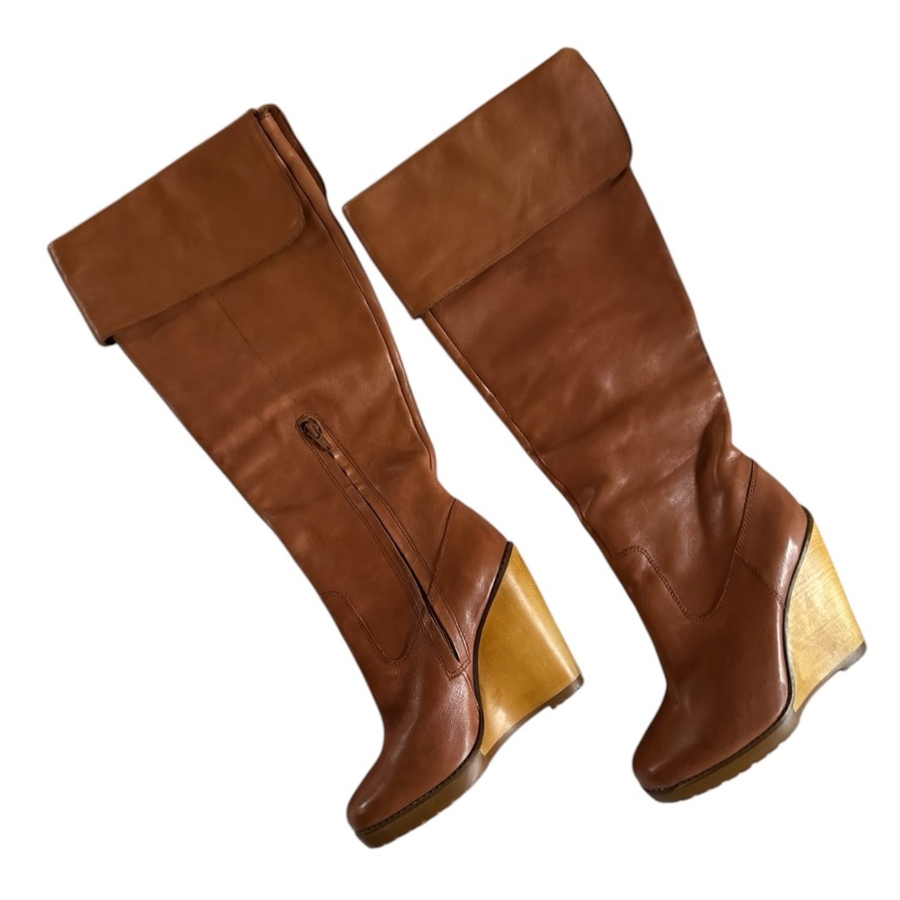 Lauren Ralph Lauren SOFT Leather Caramel High Heeled Wedge Boots - Size 7.5